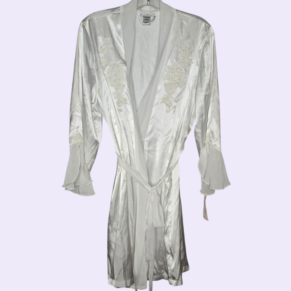 Linea Donatella White Liquid Satin Bridal Robe XL Sequin Embroidered Ruffle Cuff